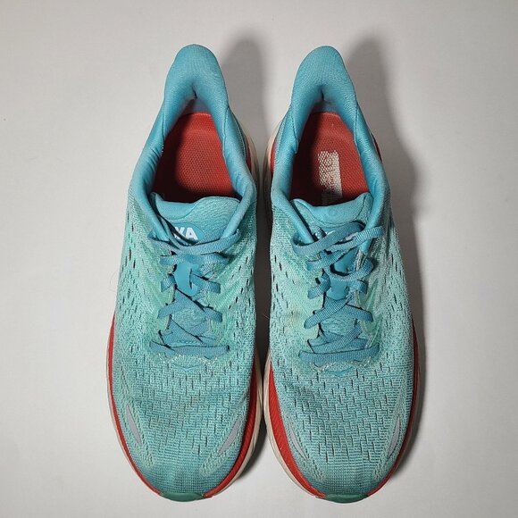 Hoka One One Clifton 8 Women's Aqua Blue/Red/White Shoes Size 8.5 B - Picture 2 of 9